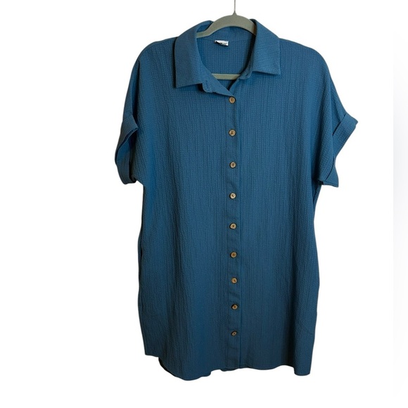 Cozy Casual Blue Button Front Gauze Shirt Dress - Picture 1 of 5